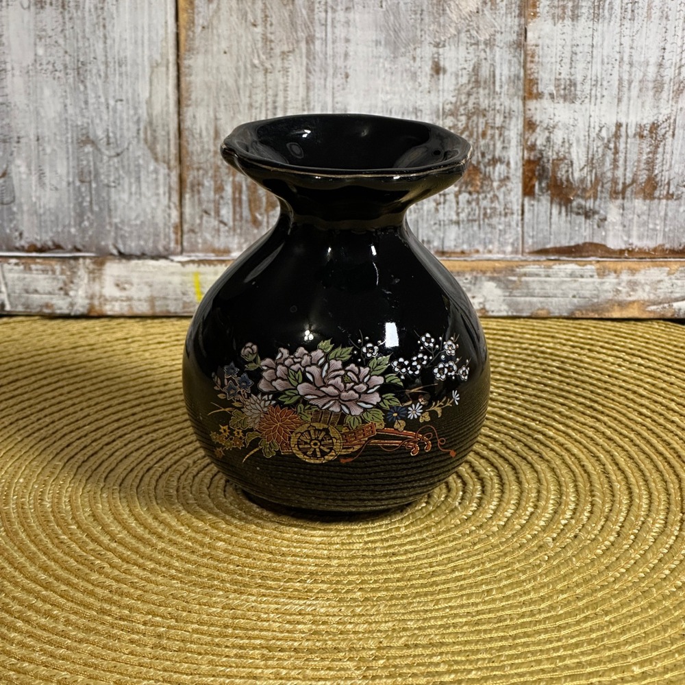 Vintage Black Ceramic Bud Vase Floral Cart Gold Trim Scalloped Rim Chinoiserie
